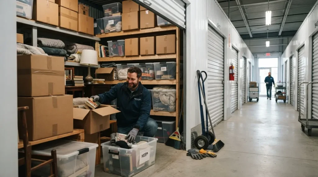 Worker sorting items during a storage unit cleanout in Red Deer, Alberta